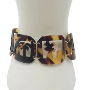 Brown Faux Tortoise Shell Link Bangle Bracelet Lobster Closure Gold Tone Vintage